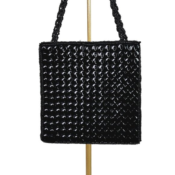 Vintage La Regale Mini Black Square Flat Button Sequin Handbag Evening Bag - Picture 3 of 8